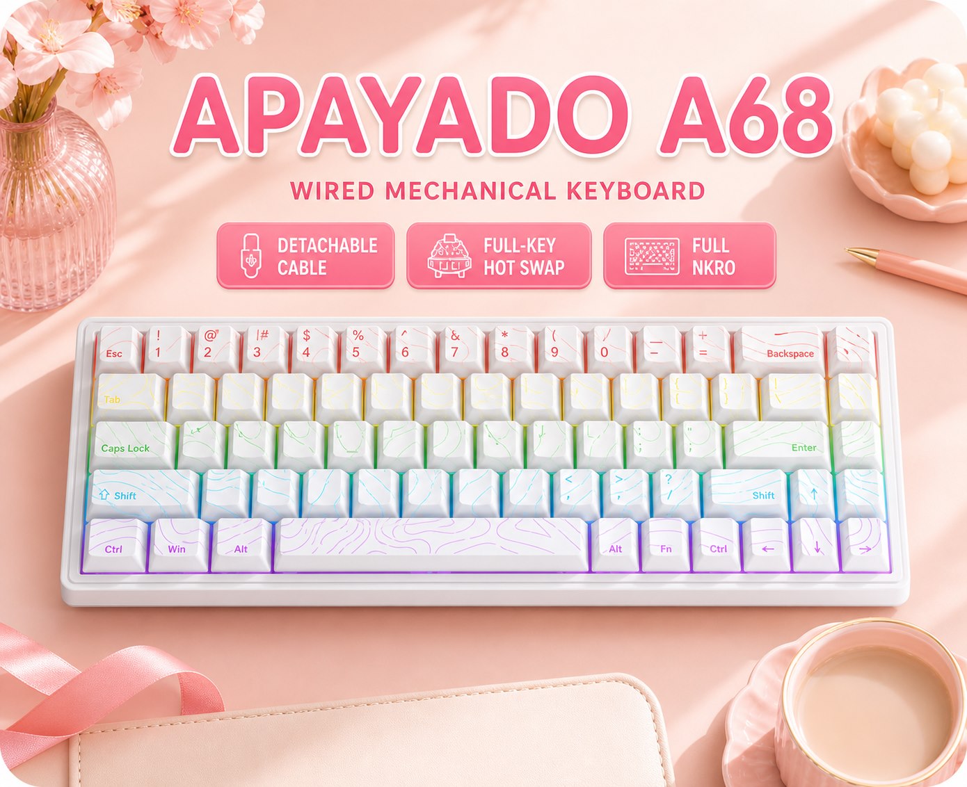 Keyboard Gaming Blue Switch - APAYADO A68 Keyboard Mekanis Berkabel Hot-Swappable